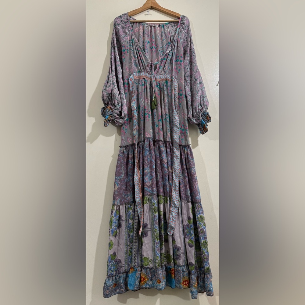 Polkadots & Moonbeams Lavender Floral Patchwork Maxi Dress with Tassel Tie
